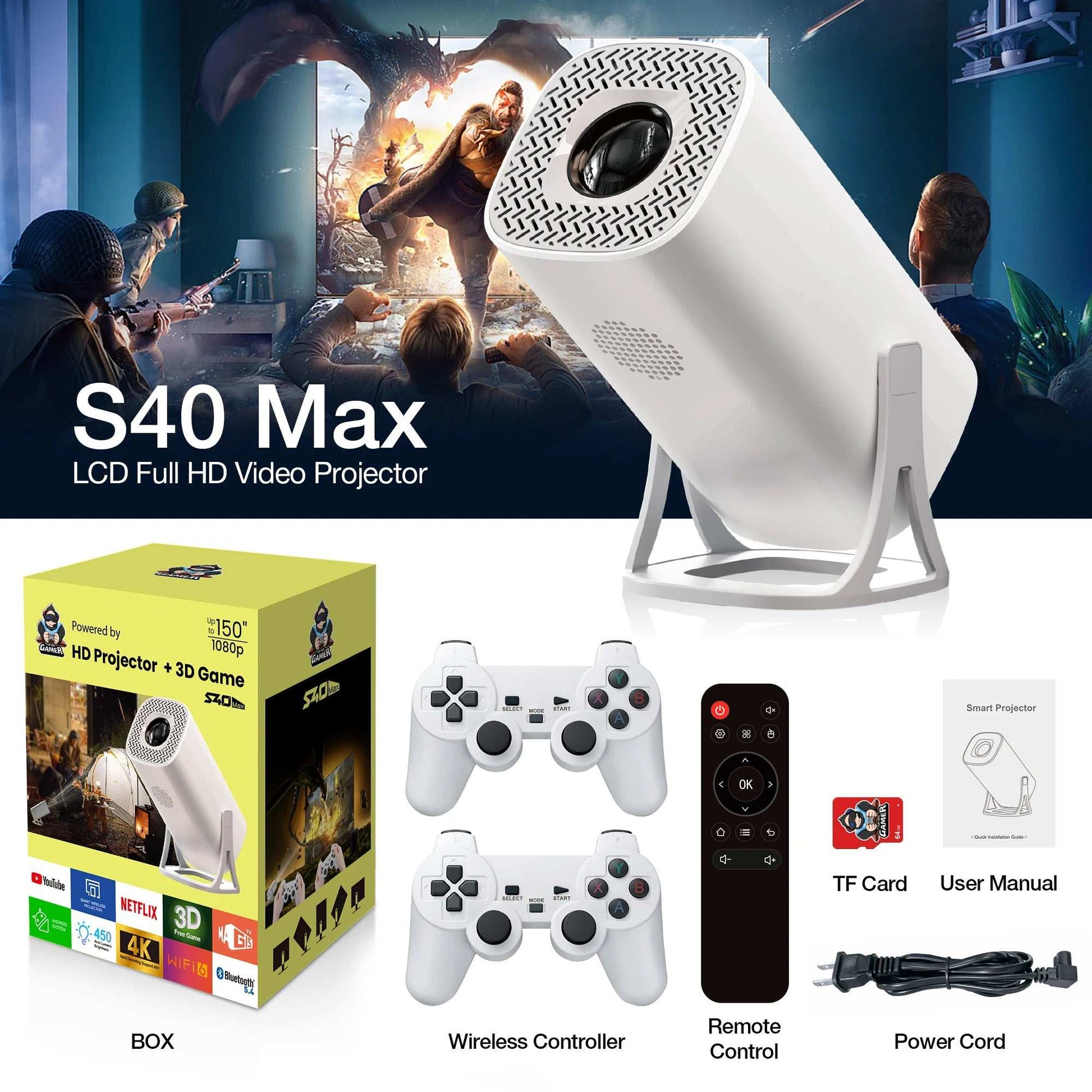HONGTOP S40MAX Android 11 Gaming Projector 64GB TF Card Wireless Gaming Controller Dual WIFI 1280*720P Home Theater Portable Projector