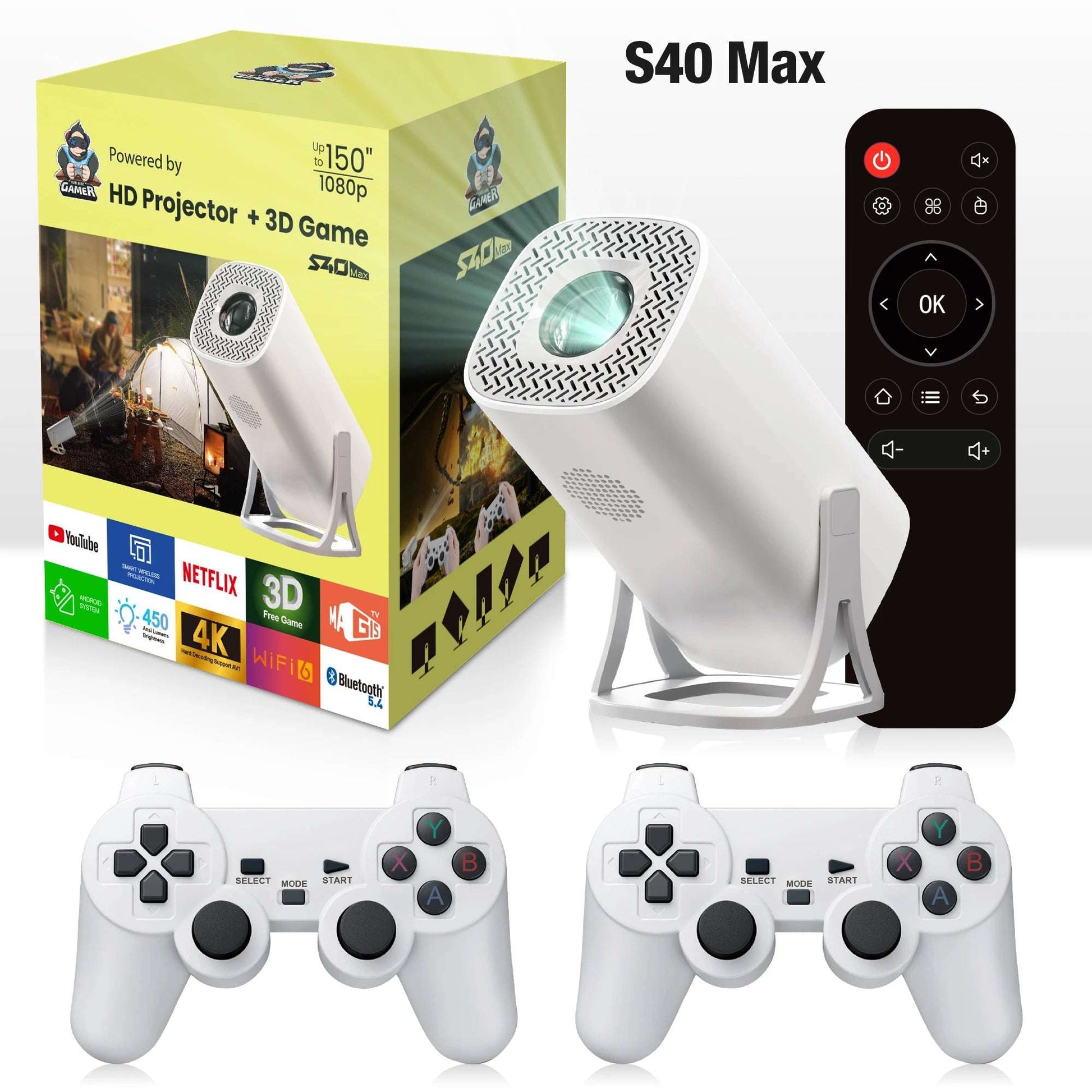 HONGTOP S40MAX Android 11 Gaming Projector 64GB TF Card Wireless Gaming Controller Dual WIFI 1280*720P Home Theater Portable Projector