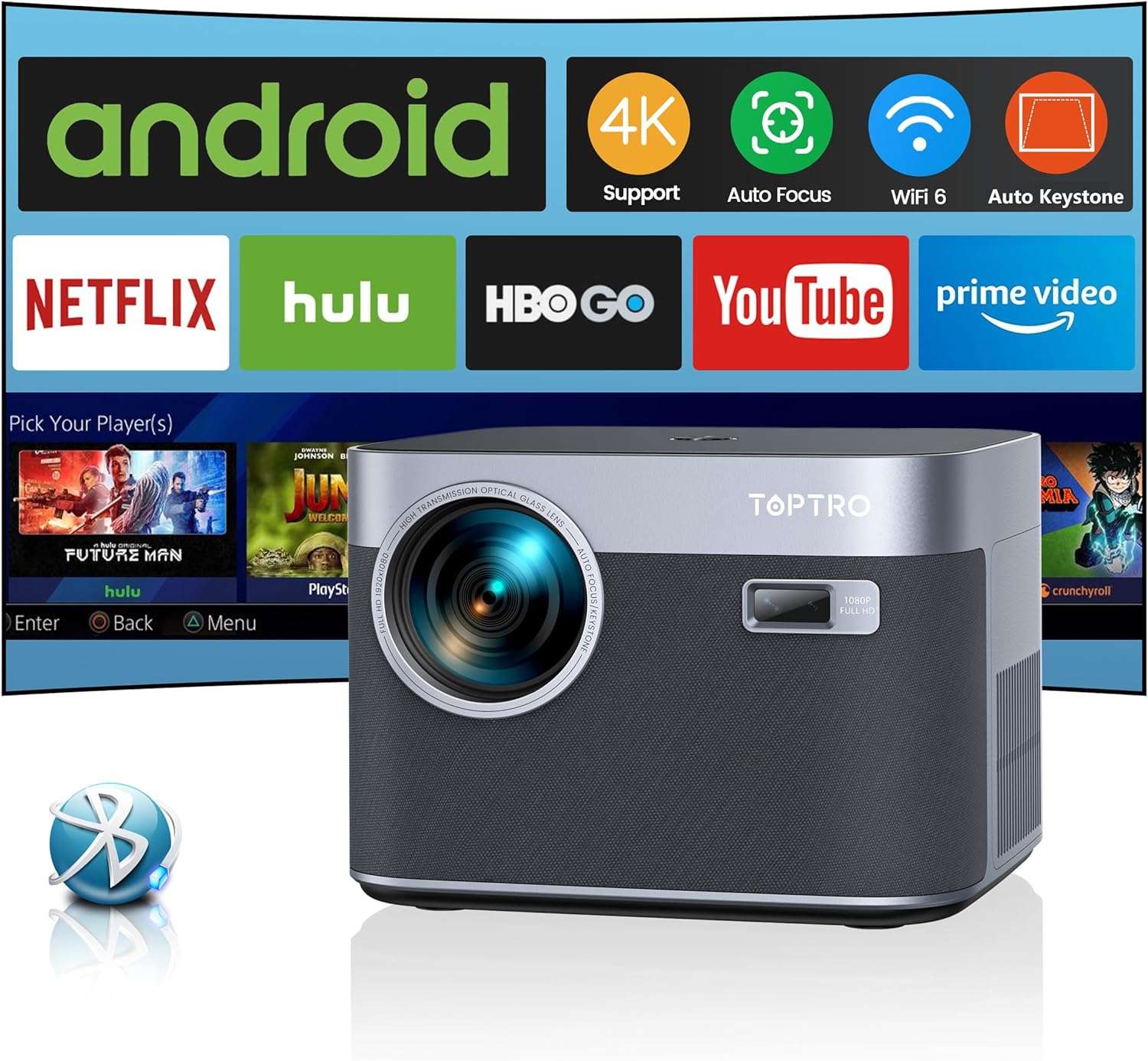 TOPTRO X7 Projector 4K Android 9.0 26000 Lumens native 1080P WiFi6 Bluetooth Projector Auto Focus/Keystone Outdoor Home Theater