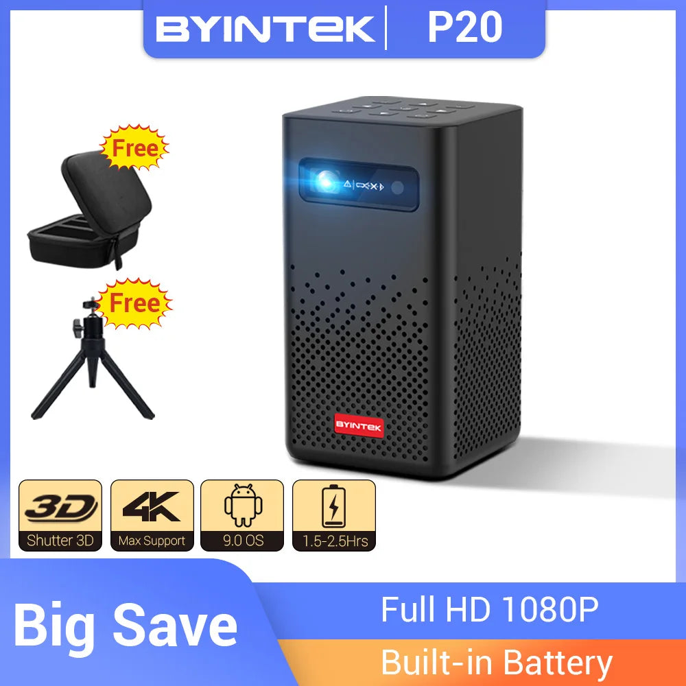 BYINTEK P20 3D 4K Cinema 1080P Smart Android Wifi LED DLP Home Theater Outdoor Portable Mini Projector with Battery - Multimedia Projectors