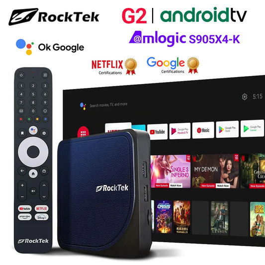 RockTek G2 4K Android TV 12 Stream Box with Netflix Google Certified Amlogic S905X4-K 4G64G Support DTS Dolby Audio Dolby Vision - Multimedia Projectors