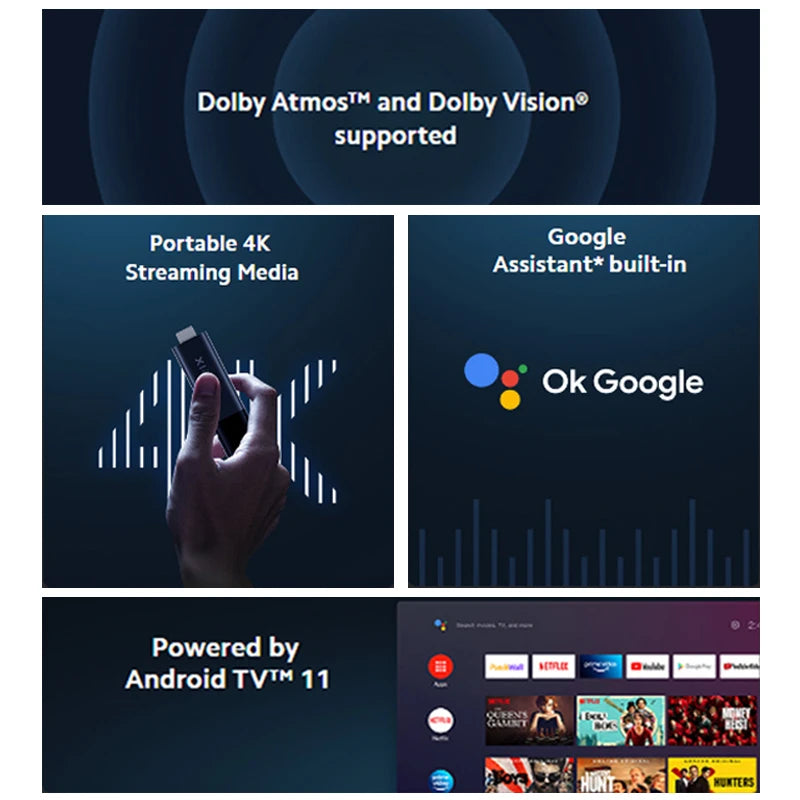 Xiaomi Mi TVStick 4K (QuadCore CPU, 2GB RAM, 8GB ROM, Android TV 11 with Google Playstore, Chromecast, Dolby Atmos & Vision, Bluetooth Remote Control with Google Assistant & Netflix + Prime Video mprojectors.com
