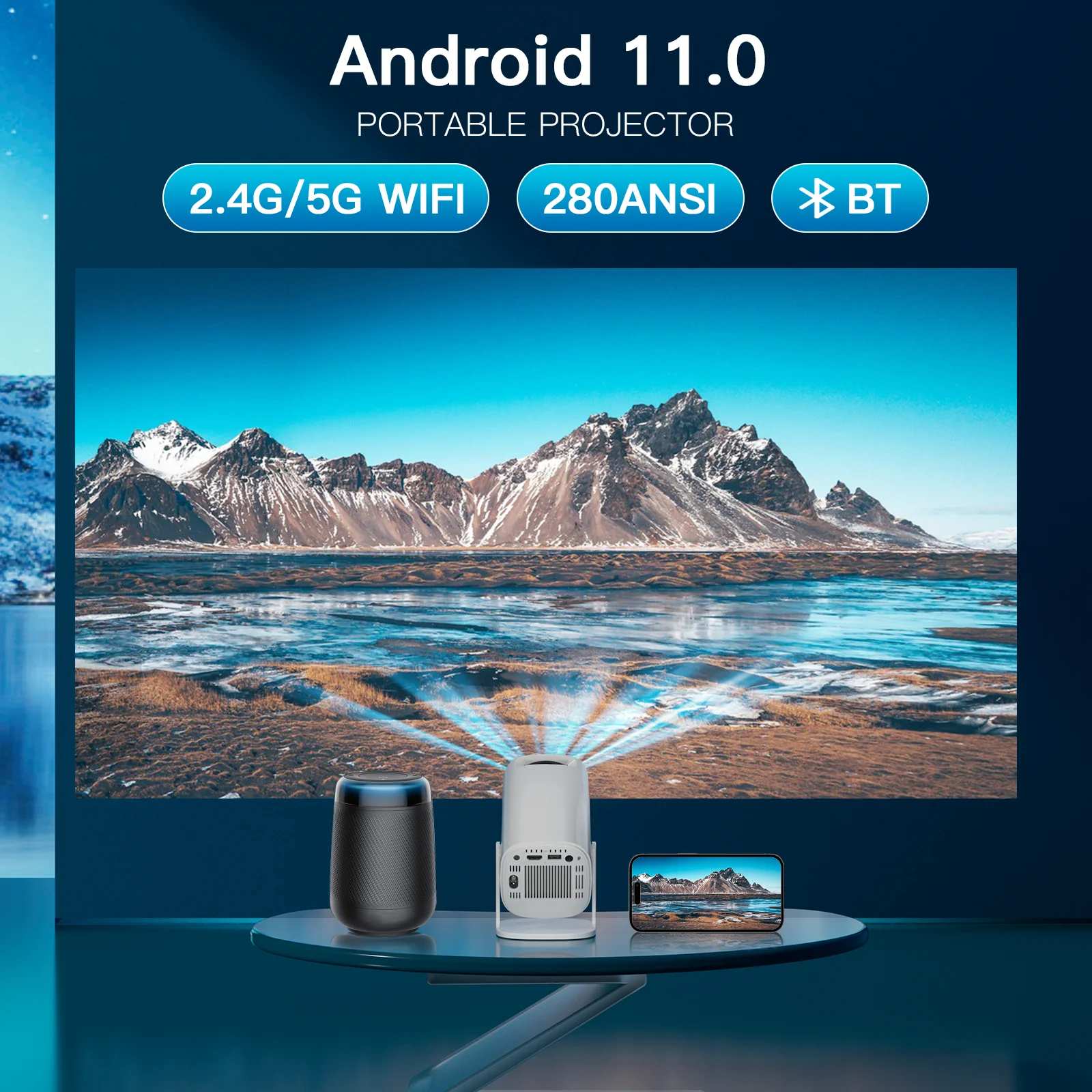 HONGTOP P30 Smart Mini Projector Android 11 WiFi6 Support 4K 1080P Projector 2.4G&5G WiFi 1280*720P Smart Home Cinema Portable Projector