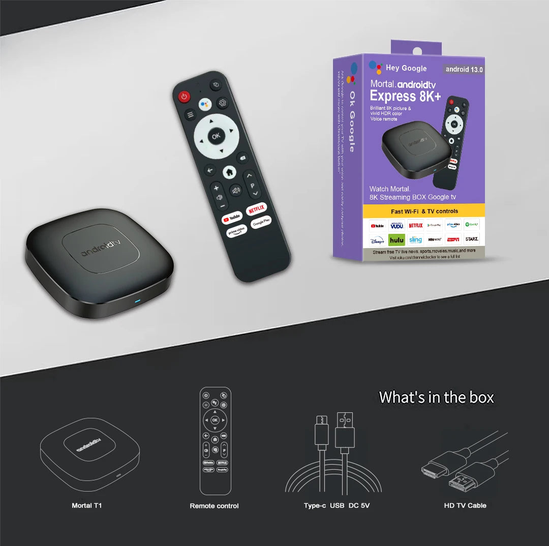 Salange TV BOX Mortal T1 8G 16G Android 13 OS Smart Consoles 4K 8K H313 WIFI BT5.0 Support TVBOX with 2 USB 2.0 1 HDMI 2.0 Ports - Multimedia Projectors